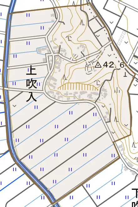 上吹入とその周辺の地図。町の範囲を重ねている
