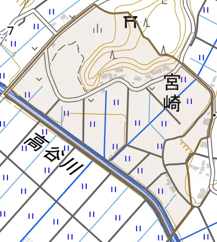 宮崎とその周辺の地図。町の範囲を重ねている
