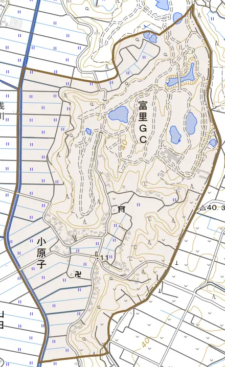 小原子とその周辺の地図。町の範囲を重ねている