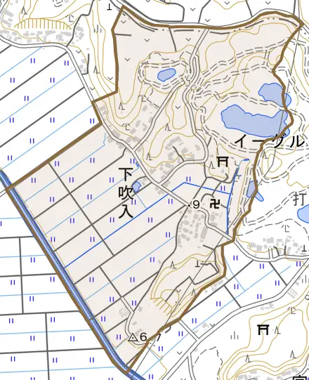 下吹入とその周辺の地図。町の範囲を重ねている
