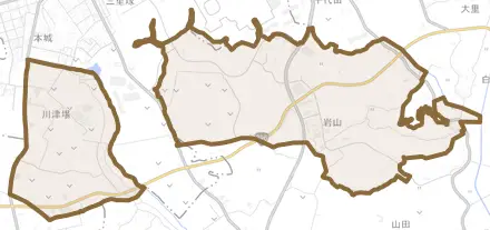 岩山とその周辺の地図。町の範囲を重ねている
