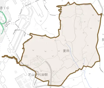 菱田とその周辺の地図。町の範囲を重ねている