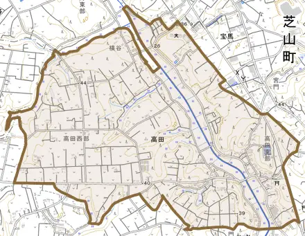 高田とその周辺の地図。町の範囲を重ねている