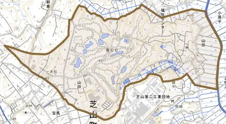 山田とその周辺の地図。町の範囲を重ねている
