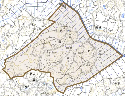 山中とその周辺の地図。町の範囲を重ねている