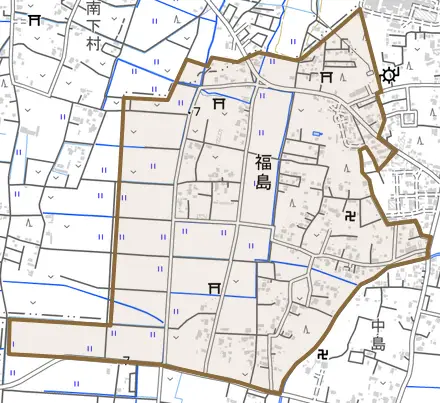 福島とその周辺の地図。町の範囲を重ねている