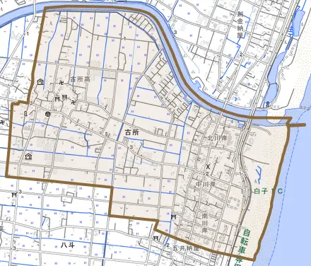 古所とその周辺の地図。町の範囲を重ねている