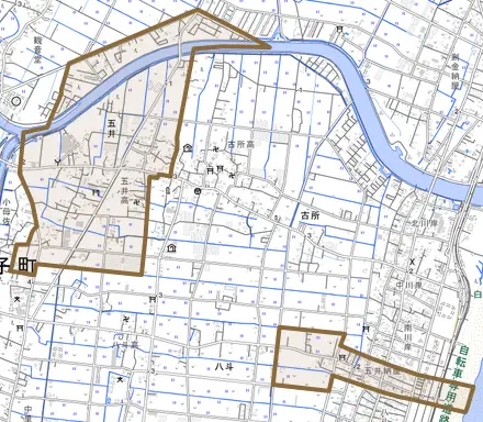 五井とその周辺の地図。町の範囲を重ねている