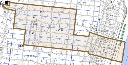 八斗とその周辺の地図。町の範囲を重ねている