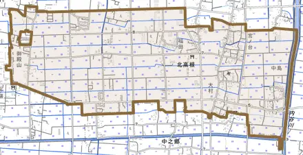 北高根とその周辺の地図。町の範囲を重ねている