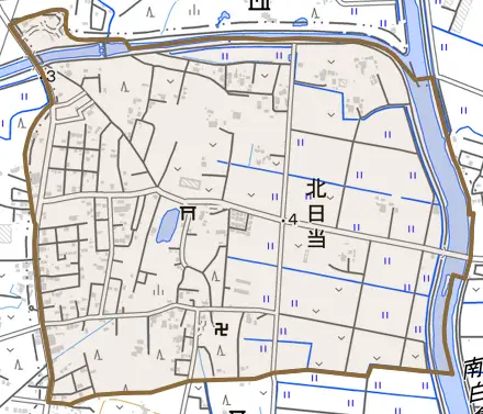 北日当とその周辺の地図。町の範囲を重ねている
