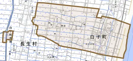 幸治とその周辺の地図。町の範囲を重ねている