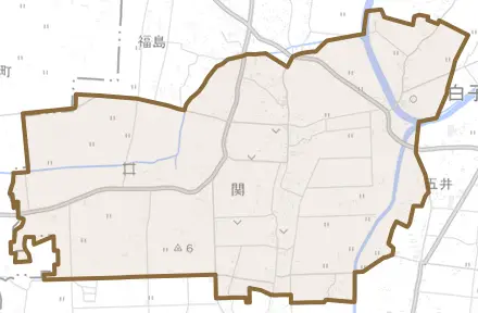 関とその周辺の地図。町の範囲を重ねている
