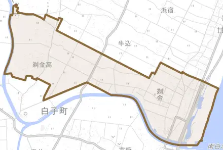剃金とその周辺の地図。町の範囲を重ねている