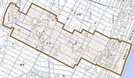 牛込とその周辺の地図。町の範囲を重ねている