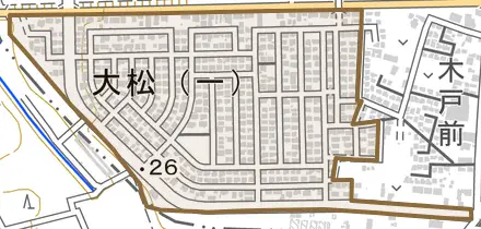 大松とその周辺の地図。町の範囲を重ねている