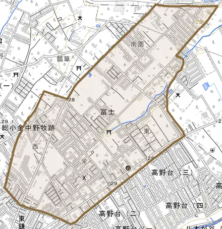 冨士とその周辺の地図。町の範囲を重ねている