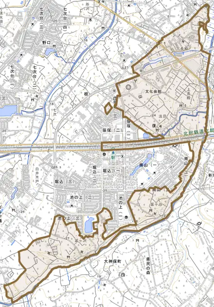 復とその周辺の地図。町の範囲を重ねている
