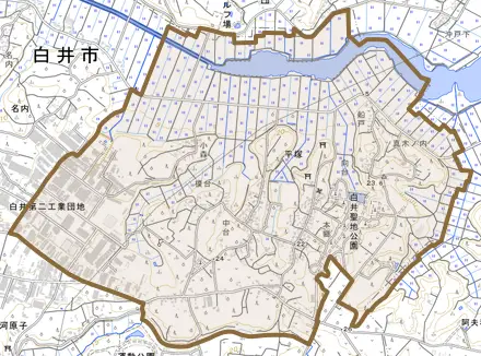 平塚とその周辺の地図。町の範囲を重ねている