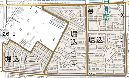 堀込とその周辺の地図。町の範囲を重ねている