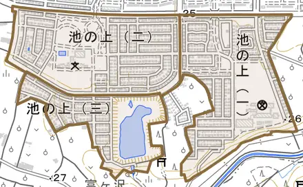 池の上とその周辺の地図。町の範囲を重ねている