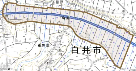 今井とその周辺の地図。町の範囲を重ねている