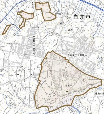 河原子とその周辺の地図。町の範囲を重ねている