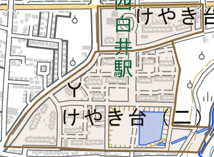 けやき台とその周辺の地図。町の範囲を重ねている
