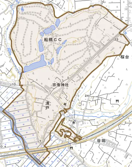 清戸とその周辺の地図。町の範囲を重ねている