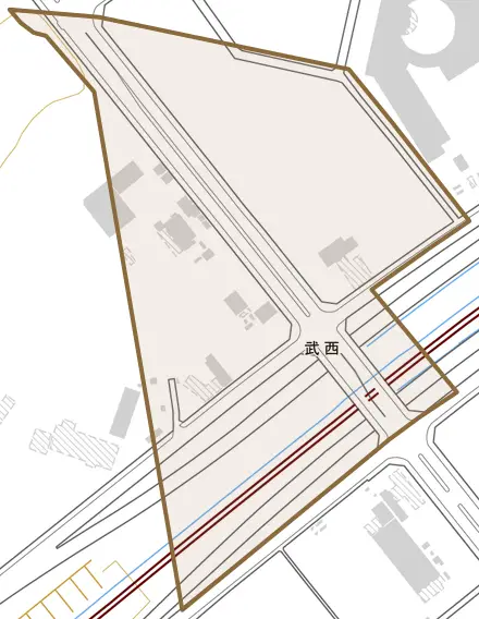 武西とその周辺の地図。町の範囲を重ねている