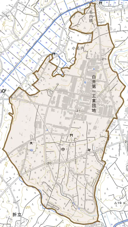 中とその周辺の地図。町の範囲を重ねている