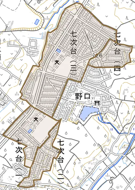 七次台とその周辺の地図。町の範囲を重ねている