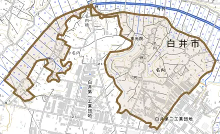 名内とその周辺の地図。町の範囲を重ねている