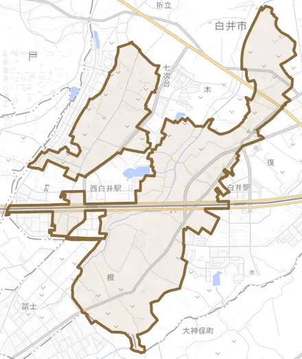 根とその周辺の地図。町の範囲を重ねている