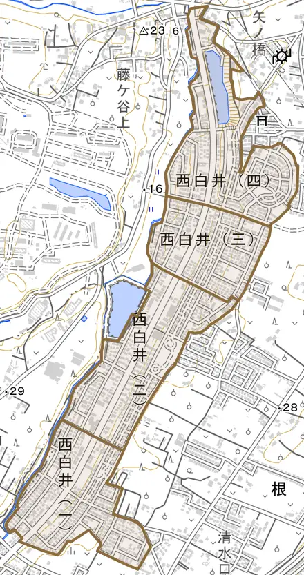 西白井とその周辺の地図。町の範囲を重ねている