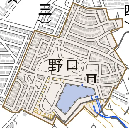 野口とその周辺の地図。町の範囲を重ねている