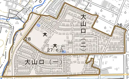 大山口とその周辺の地図。町の範囲を重ねている