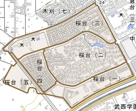 桜台とその周辺の地図。町の範囲を重ねている