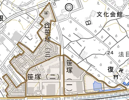 笹塚とその周辺の地図。町の範囲を重ねている