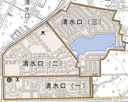 清水口とその周辺の地図。町の範囲を重ねている