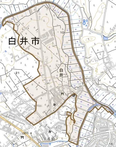 白井とその周辺の地図。町の範囲を重ねている