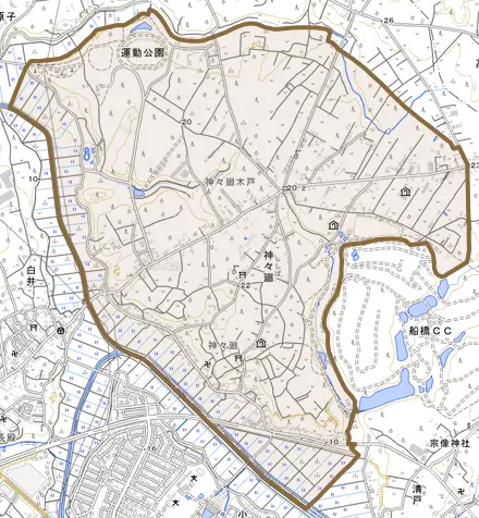 神々廻とその周辺の地図。町の範囲を重ねている