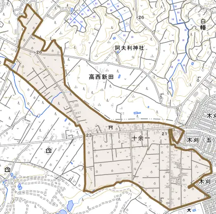 十余一とその周辺の地図。町の範囲を重ねている