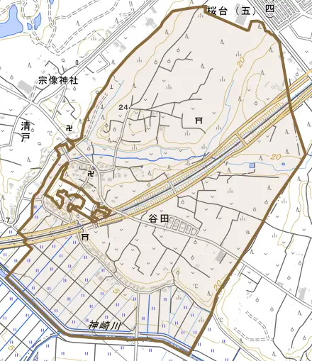 谷田とその周辺の地図。町の範囲を重ねている