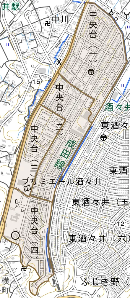 中央台とその周辺の地図。町の範囲を重ねている