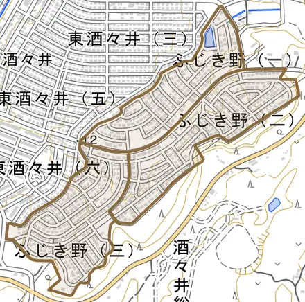 ふじき野とその周辺の地図。町の範囲を重ねている