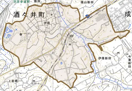伊篠とその周辺の地図。町の範囲を重ねている