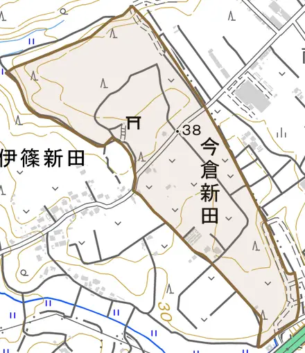 今倉新田とその周辺の地図。町の範囲を重ねている