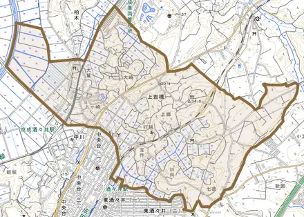 上岩橋とその周辺の地図。町の範囲を重ねている