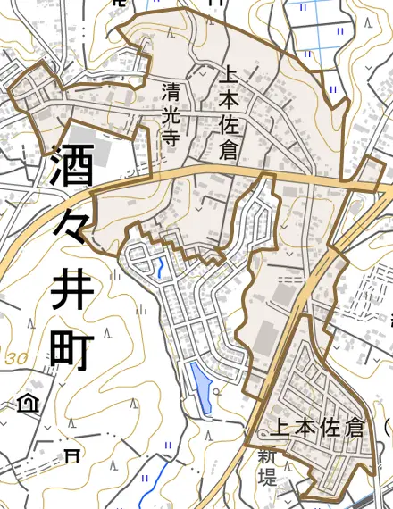 上本佐倉とその周辺の地図。町の範囲を重ねている